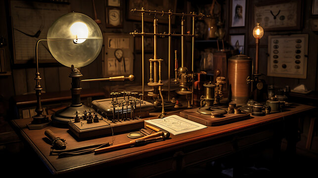 a high-resolution, realistic image depicting a late 19th-century telegraph station. The scene should showcase an intricately designed telegraph machine with brass and wood