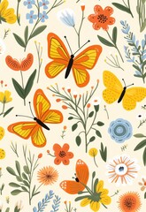 Fototapeta premium Butterflies and flowers pattern on white background