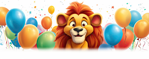 Funny cartoon cute lion with color baloons on white background.