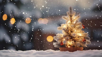 Christmas tree outdoor with snow lights, christmas, tree, winter, snow, holiday, xmas, celebration, illustration, star, christmas tree, night, decoration, vector, season, card, new year, snowflake