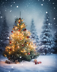 Obraz premium Christmas tree outdoor with snow lights, christmas, tree, winter, snow, holiday, xmas, celebration, illustration, star, tree, night, decoration, , season, new year, snowflake, 4:5 mobile format