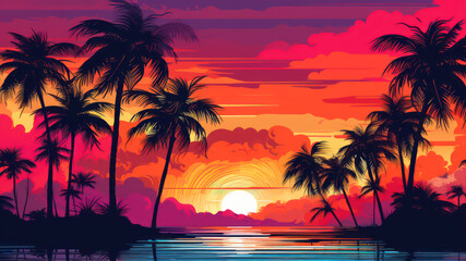 Tropical sunset with palm trees silhouettes. Vector illustration.