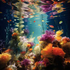Fototapeta na wymiar A rainbow of seven-colored flowers arching underwater in a highly transparent sea.