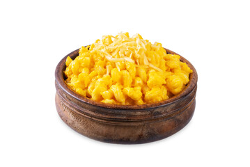 Creamy pumpkin mac and cheese in a bowl on a white isolated background