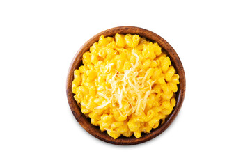 Creamy pumpkin mac and cheese in a bowl on a white isolated background