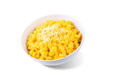 Creamy pumpkin mac and cheese in a bowl on a white isolated background