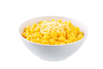 Creamy pumpkin mac and cheese in a bowl on a white isolated background