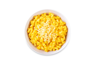 Creamy pumpkin mac and cheese in a bowl on a white isolated background