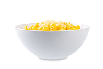 Creamy pumpkin mac and cheese in a bowl on a white isolated background