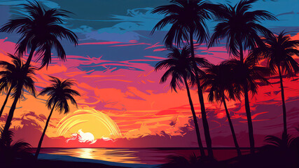 Illustration of a sunset on the beach with palm trees silhouettes