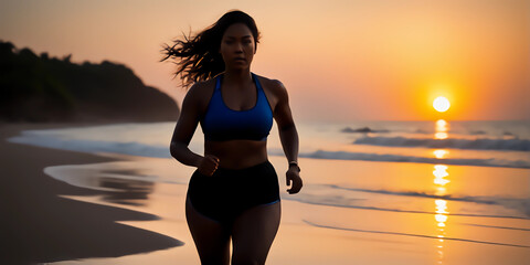 A chubby woman running on the beach to lose weight 