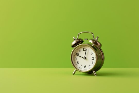 Alarm clock disappearing on green background, time limited. Generative AI