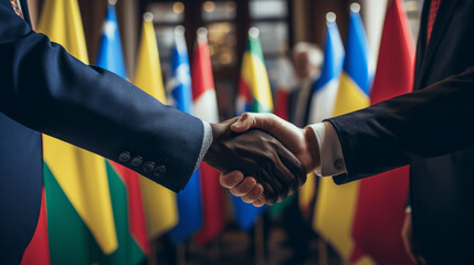 Political Accord, Handshakes in Government Building with Flags - obrazy, fototapety, plakaty