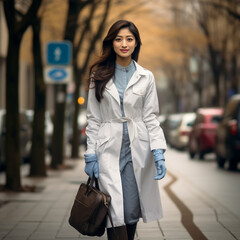 photo of a tall young slim beautiful korean nurse wearing gloves, scrub, boots, walking, street photography, fall