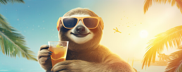 Happy smilling sloth in hot hat on summer beach - obrazy, fototapety, plakaty