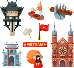 Vietnam set cartoon, symbols of Vietnam, vector