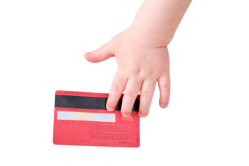 Baby toddler boy holds a credit card in his hand, isolated on a white background. Child with a bank plastic card, close-up
