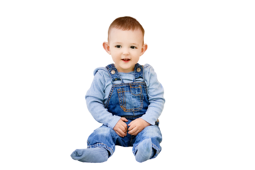 Happy toddler baby boy sitting in a children tent, playroom, isolated on a white background. Kid age one year
