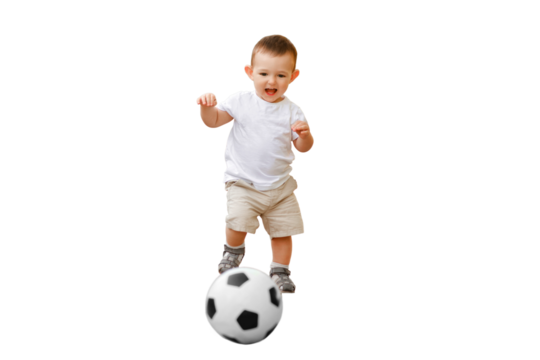 Happy toddler baby boy is playing walking behind a soccer ball, first steps, isolated on a white background. Smiling child in white clothes walks with a ball, age one year