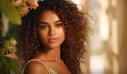 A stunning woman with gorgeous curly hair - obrazy, fototapety, plakaty