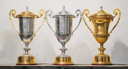 Fototapeta na wymiar Winners' cups stand in a row