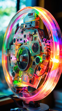 Futuristic robot in neon light, closeup of photo.