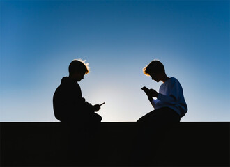Zwei männliche Teenager sitzen abends auf einer Mauer und schauen beide jeweils in ihr Smartphone, horizontal, KI-generiert