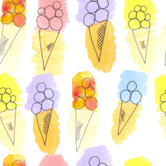 Bright seamless pattern with icecream cones on the white background
