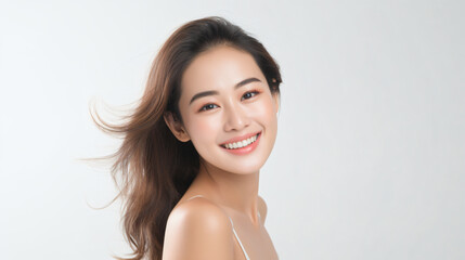 Beautiful young asian woman with clean fresh skin on white background, Face care, Facial treatment, Cosmetology, beauty and spa, Asian women portrait.