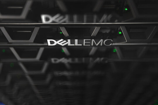 Brno, Czech Republic - June 26 2021: A view of the front panels of DELL EMC servers.