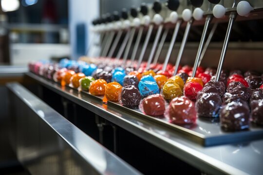 Various candy coated chocolate lollipops on a moving conveyor. Generative AI