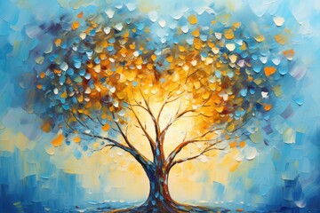 A vibrant tree painting against a captivating blue backdrop
