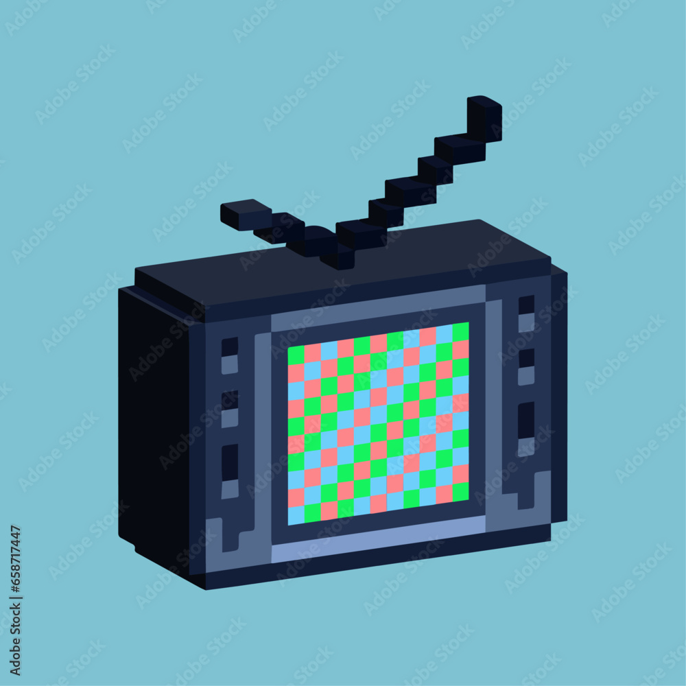 Poster isometric pixel art 3d of black tv for items asset. simple 3d of television technology on pixelated 