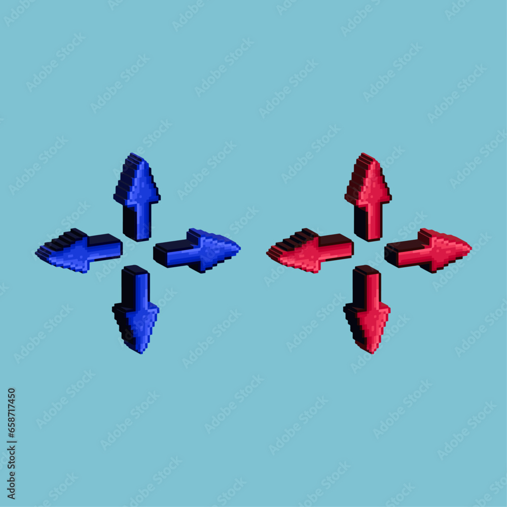 Poster isometric pixel art 3d of blue arrow for items asset. simple 3d up,right,left,and down arrow on pixe