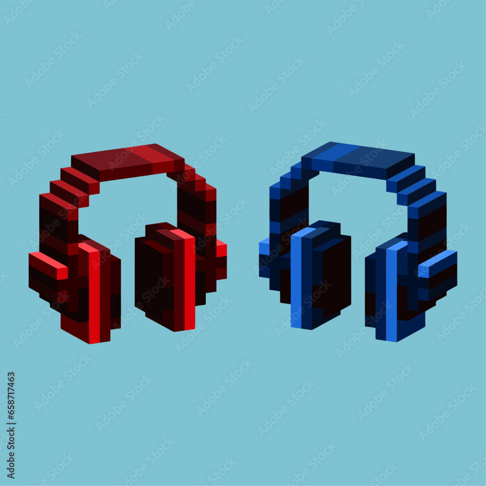 Poster isometric pixel art 3d of headseat headphone for music for items asset. simple 3d headset on pixelat