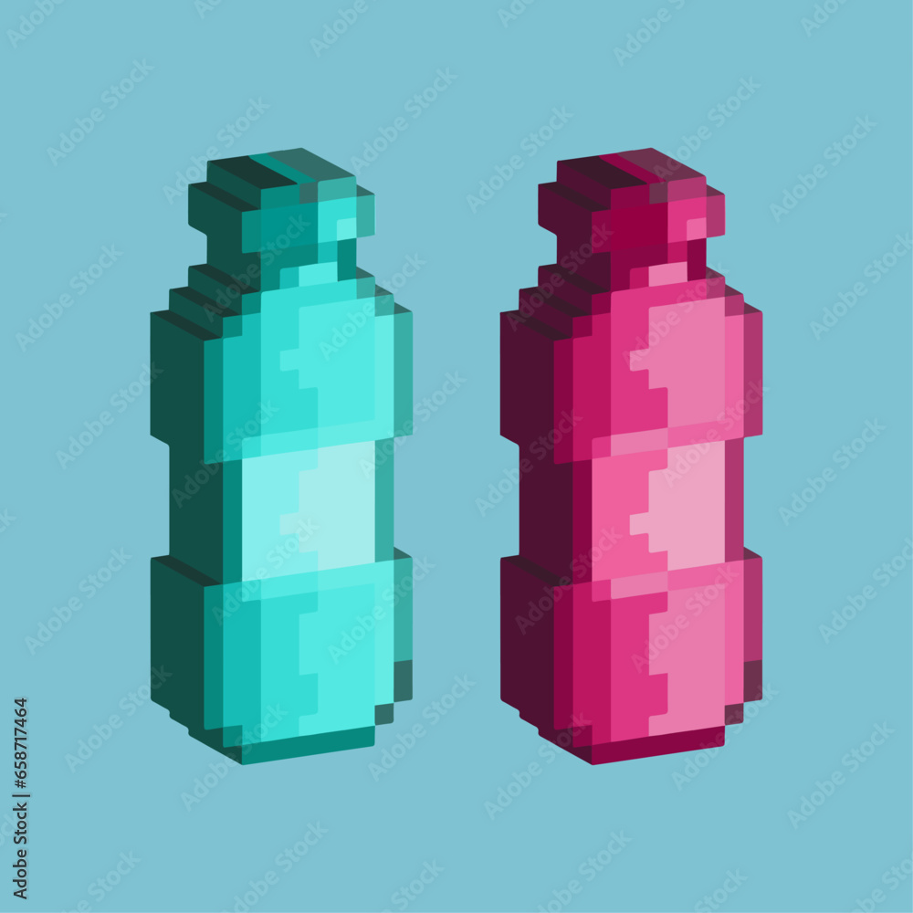 Poster isometric pixel art 3d of blue bottle for items asset. simple 3d bottle on pixelated style.8bits per
