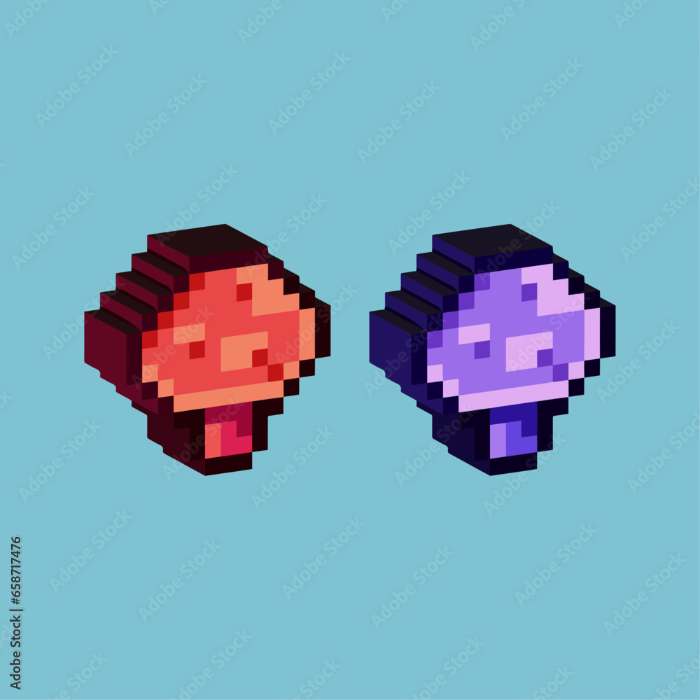 Poster isometric pixel art 3d of poison mushroom for items asset. simple 3d of mushroom for game on pixelat