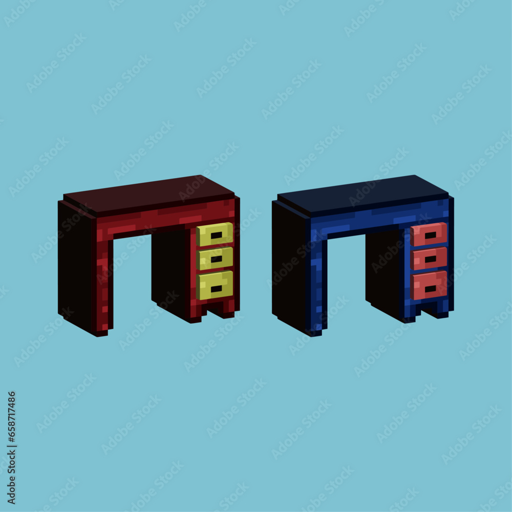 Poster isometric pixel art 3d of table with chest for items asset. simple 3d of red and green table on pixe