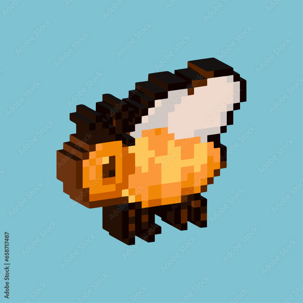 Poster isometric pixel art 3d of orange bee for items asset. simple 3d of bee on pixelated style.8bits perf