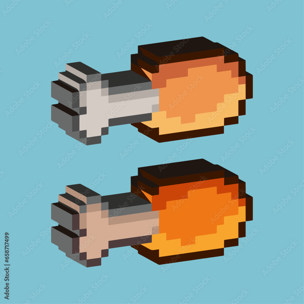 Poster isometric pixel art 3d of meat food for dugeon loot items asset. simple 3d of food meat on pixelated
