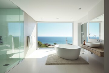 Fototapeta na wymiar Contemporary bathroom's view of the sea. Generative AI