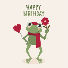 Flat Design Illustration Happy Birthday with Frog and Balloon,Flower