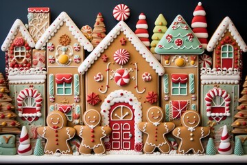 Photo of a festive display of gingerbread houses arranged in a row created with Generative AI technology