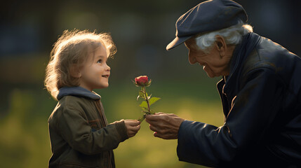 Tender Moment, Grandfather Gifting a Flower to Grandchild