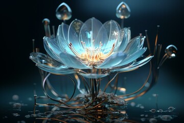 Artistic image featuring a glass lotus flower blooming, symbolizing spring and modern technology. Generative AI