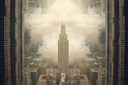 A photo of a towering structure in a dreamlike cityscape. Generative AI