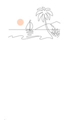 Sketch line landscape with palm tree. Vacation on tropical beach