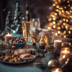 Obraz na płótnie Canvas Festively set table with glasses, champagne and snacks. Christmas tree with bokeh on background