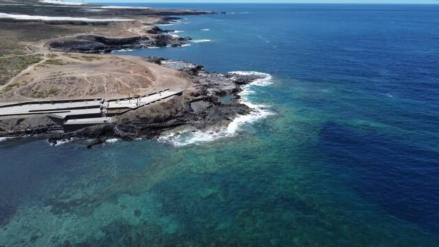 Aerial view of the coast of Los Silos with whale skeleton and natural pools, in Tenerife, Canary Islands