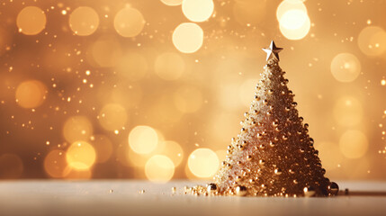 Gold Christmas background of de - focused lights with decorated tree
